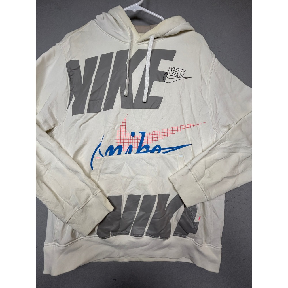Nike Hoodie Cotton Blend Cream White Multi Logo Graphic Medium Mens